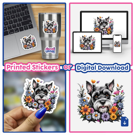 Colorful digital artwork featuring a Schnauzer dog surrounded by floral designs, shown in various product formats including a laptop, phone, and physical stickers, showcasing the versatility of the Decal Venue store's digital art offerings.