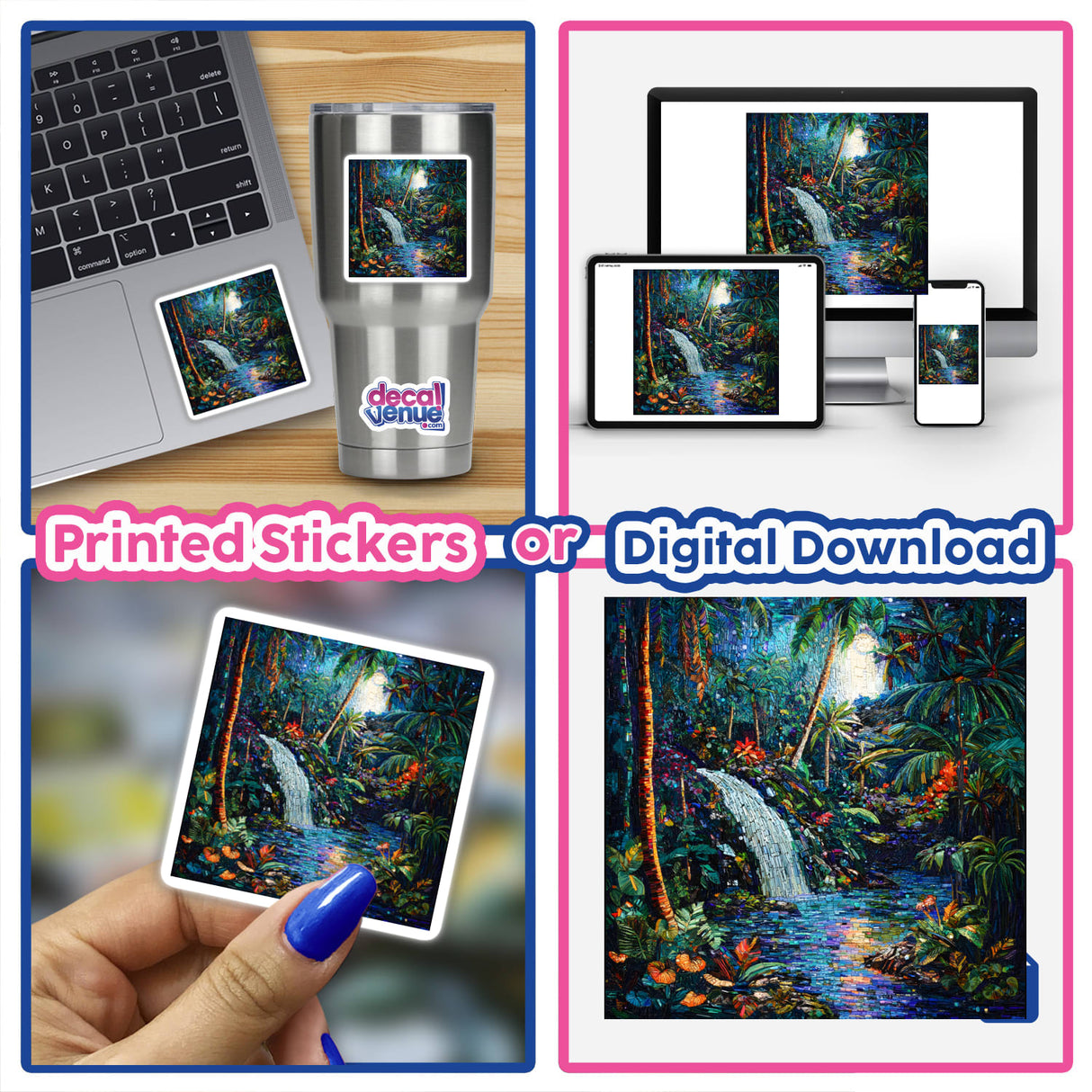 Collage featuring a laptop displaying Floating Island and Tropical Rainforest Mosaic digital artwork, a close-up of a hand holding a waterfall picture, and a silver mug with a waterfall image.