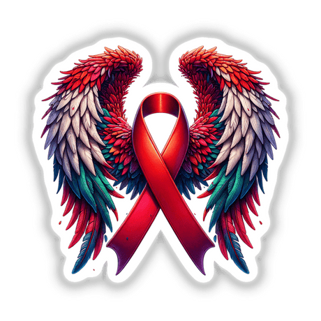 Red Awareness Ribbon with Wings depicted as a detailed graphic combining a red ribbon and colorful bird wings, available as stickers or digital artwork from Decal Venue.