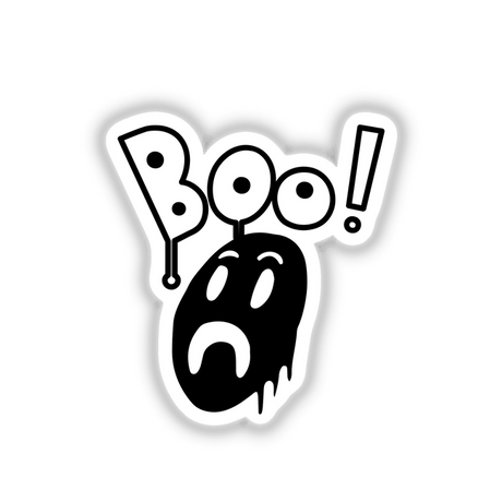 Boo Ghost Face sticker featuring a playful black and white cartoon face, ideal for decorating and digital art collections.
