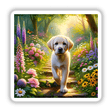 Labrador Retriever in an Enchanted Woodland Path Watercolor Illustration depicting a dog walking amidst flowers and butterflies, available as unique stickers or digital artwork from Decal Venue.