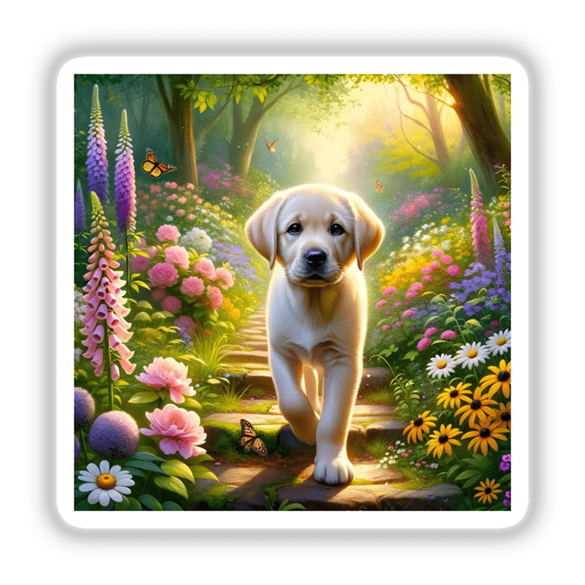Labrador Retriever in an Enchanted Woodland Path Watercolor Illustration depicting a dog walking amidst flowers and butterflies, available as unique stickers or digital artwork from Decal Venue.