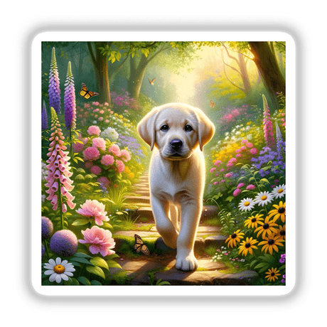 Labrador Retriever in an Enchanted Woodland Path Watercolor Illustration depicting a dog walking amidst flowers and butterflies, available as unique stickers or digital artwork from Decal Venue.