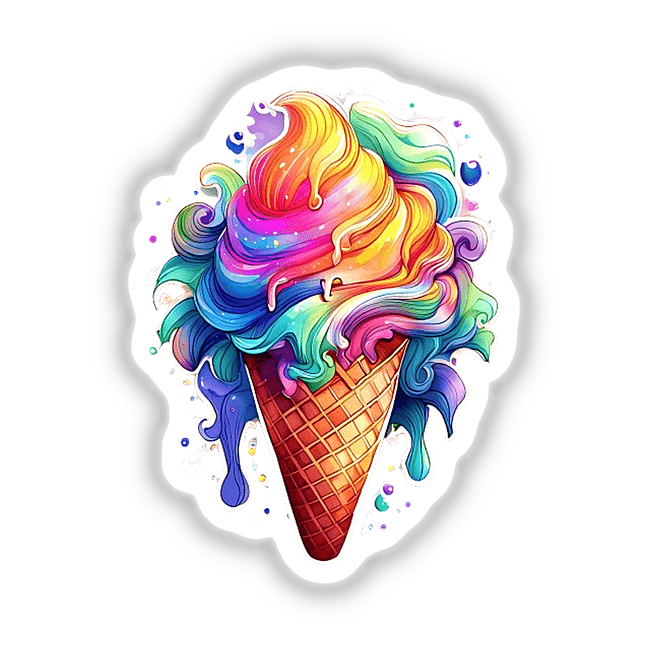 Vibrant ice cream cone with colorful swirls of rainbow sherbet