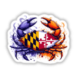 Purple and Orange Maryland Flag Crab design featuring a cartoon-style crab holding a yellow and black flag, available as stickers or digital artwork from Decal Venue.