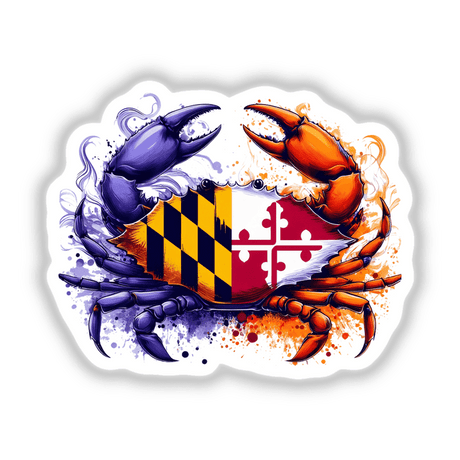 Purple and Orange Maryland Flag Crab design featuring a cartoon-style crab holding a yellow and black flag, available as stickers or digital artwork from Decal Venue.
