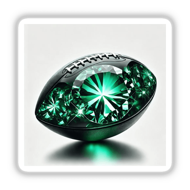 Emerald Gemstone Football Art featuring a football with a prominent green gem in the center, available as stickers or digital downloads from DecalVenue. Ideal for modern sports-themed decor.