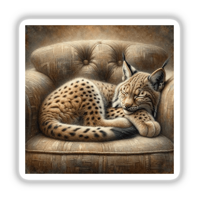 Lynx Cub Curled Up on Cushioned Chair, depicted in a painting available as stickers or digital artwork from Decal Venue.