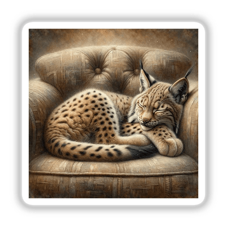 Lynx Cub Curled Up on Cushioned Chair, depicted in a painting available as stickers or digital artwork from Decal Venue.