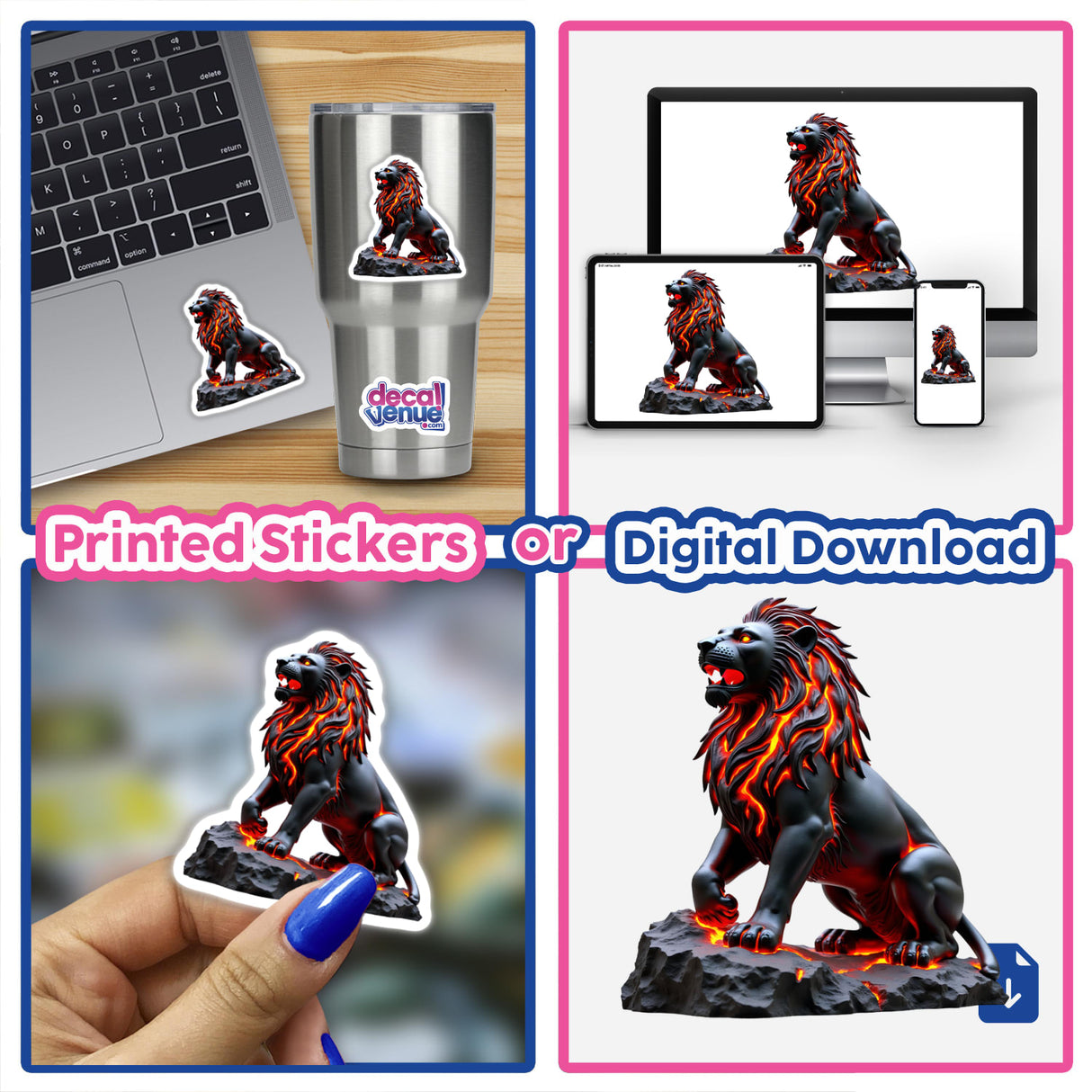 Molten Lava Lion Statue collage; features fiery manes and molten textures. Available as stickers or digital artwork, showcasing Decal Venue's unique blend of creativity in sticker and digital art form.