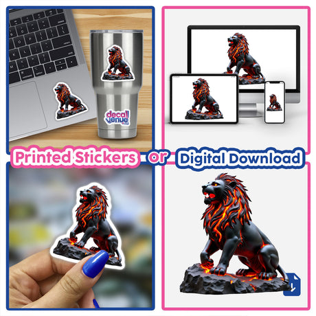 Molten Lava Lion Statue collage; features fiery manes and molten textures. Available as stickers or digital artwork, showcasing Decal Venue's unique blend of creativity in sticker and digital art form.