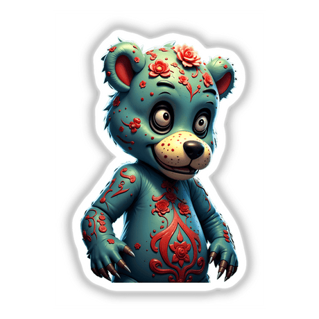 A Macabre Scary Bear cartoon character adorned with flowers, available as unique vinyl stickers or digital artwork, emphasizing its playful yet eerie design.