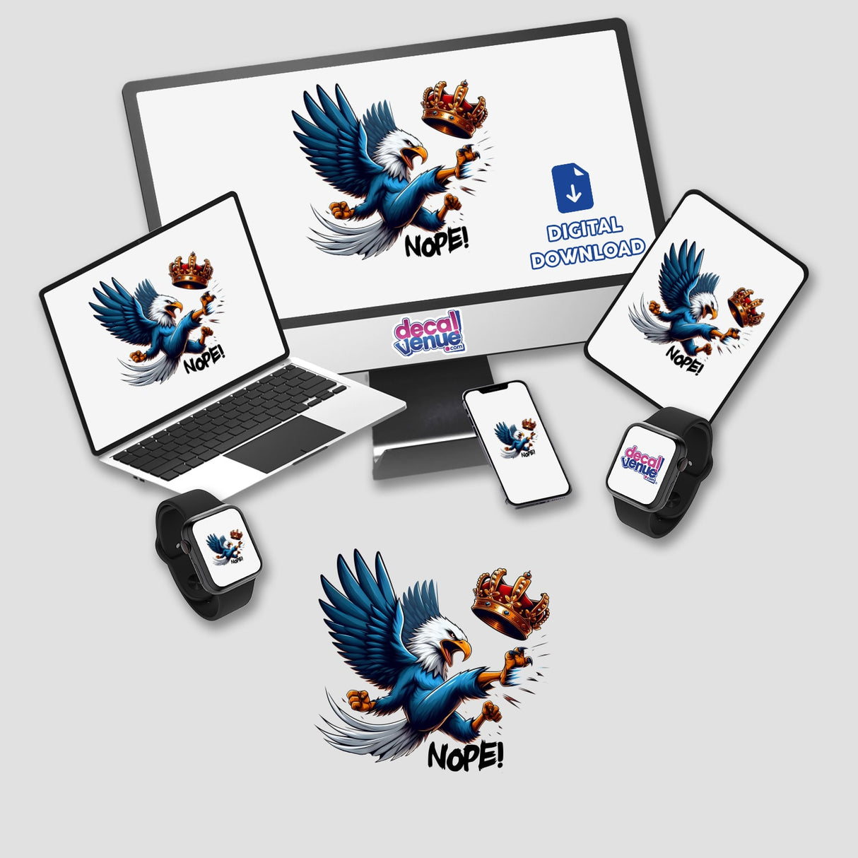 Nope No Kings American Bald Eagle design displayed on a phone screen, offered as unique stickers or digital artwork from Decal Venue, featuring a cartoon-style eagle graphic.
