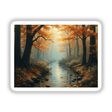 Tranquil Fall Forest Wallpaper - 12.9-inch iPad Pro | Stickers & Commercial Rights Included: A serene forest scene with a stream, trees, and autumn leaves, ideal for unique digital art or stickers.