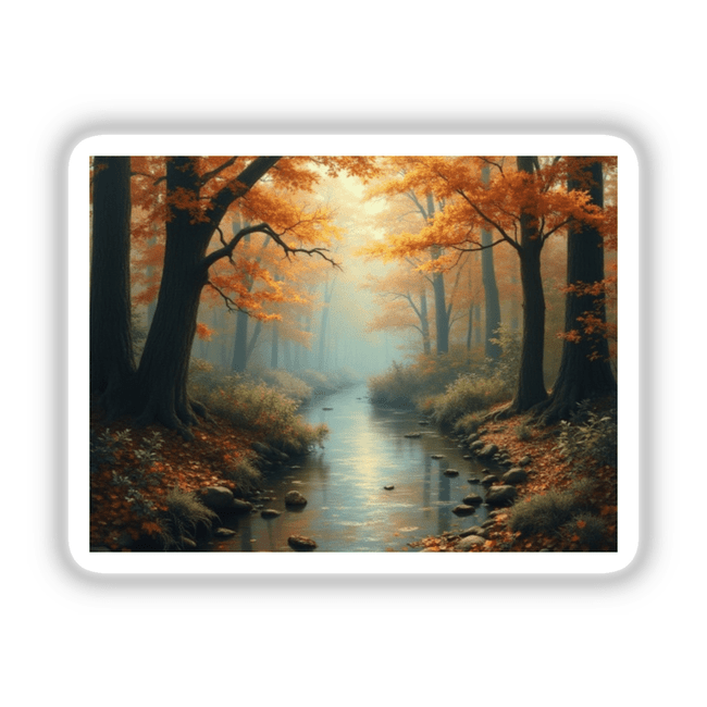 Tranquil Fall Forest Wallpaper - 12.9-inch iPad Pro | Stickers & Commercial Rights Included: A serene forest scene with a stream, trees, and autumn leaves, ideal for unique digital art or stickers.