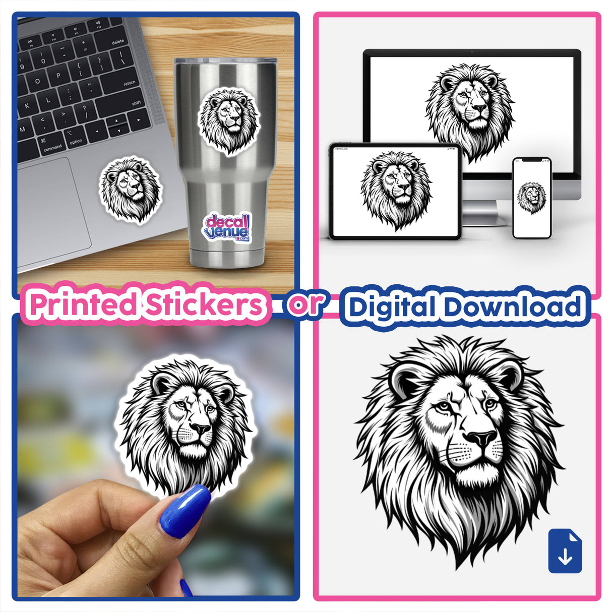 Majestic Black and White Lion Clipart - Stickers or Commercial Use Download, featuring a detailed lion head illustration prominently displayed on various surfaces including laptops, cups, and held in hand.