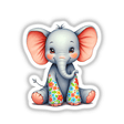 Cute Elephant With Flowers: A cartoon baby elephant adorned with floral patterns, available as stickers or digital artwork from Decal Venue, known for unique vinyl stickers and digital art.