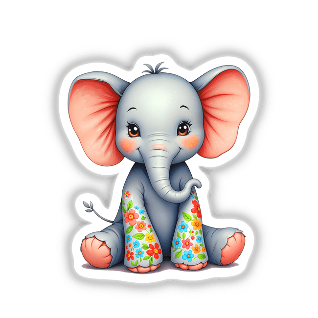 Cute Elephant With Flowers: A cartoon baby elephant adorned with floral patterns, available as stickers or digital artwork from Decal Venue, known for unique vinyl stickers and digital art.