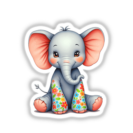 Cute Elephant With Flowers: A cartoon baby elephant adorned with floral patterns, available as stickers or digital artwork from Decal Venue, known for unique vinyl stickers and digital art.