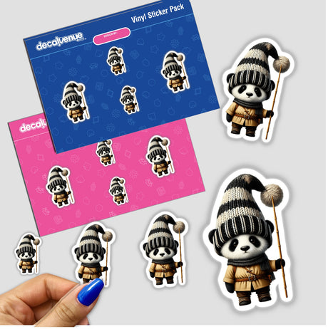 Sticker featuring a cartoon panda gnome holding a bamboo stick, ideal for crafts and sublimation projects.