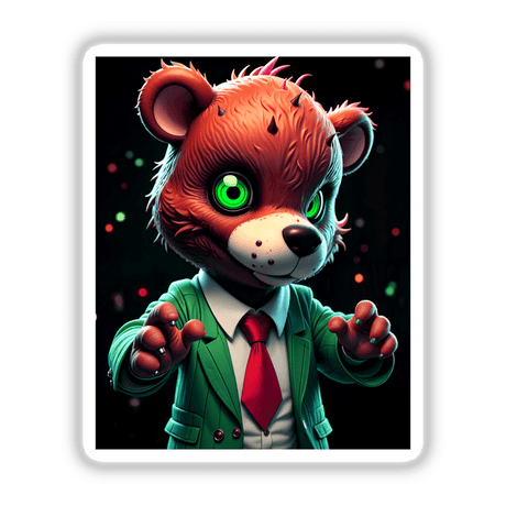 Macabre Scary Bear cartoon character in a suit and tie, featuring green eyes and a distinct red tie, available as stickers or digital artwork from Decal Venue.