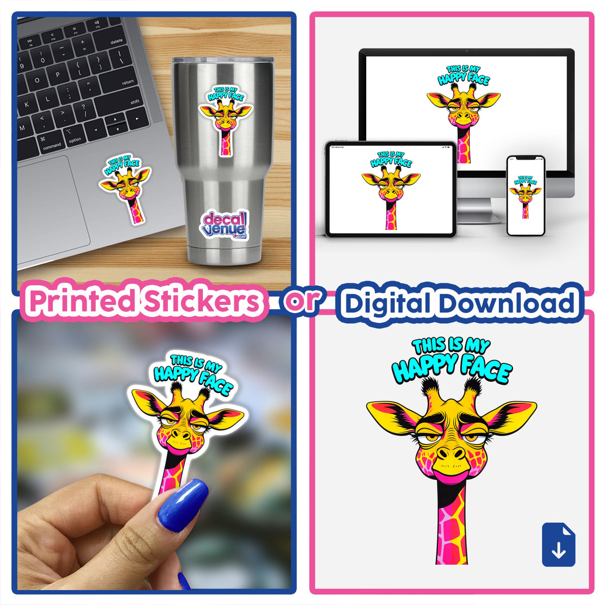 This Is My Happy Face Cute Grumpy Giraffe sticker featured on a laptop, showcasing its cartoon charm. Perfect for personalizing devices, available as stickers or digital artwork from Decal Venue.