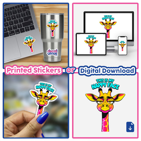 This Is My Happy Face Cute Grumpy Giraffe sticker featured on a laptop, showcasing its cartoon charm. Perfect for personalizing devices, available as stickers or digital artwork from Decal Venue.