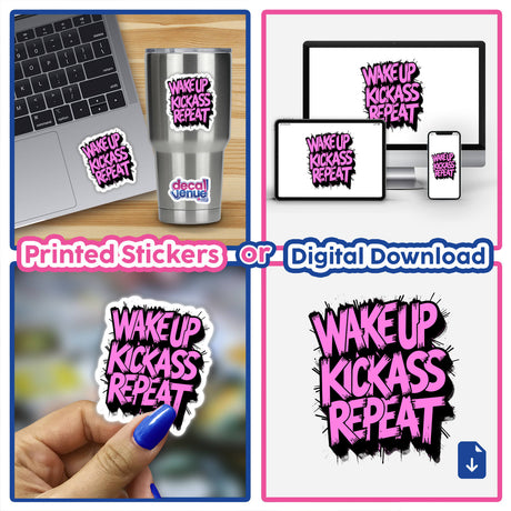 Collage featuring a laptop adorned with the Wake Up Kick Ass Repeat Funny Quote sticker, highlighting its placement and design.