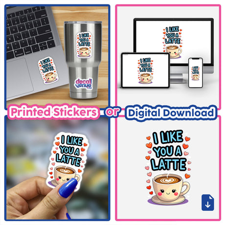 Collage featuring the I Like You A Latte Funny Love Quote on a laptop sticker beside a cartoon coffee cup with heart foam, emphasizing the humor and charm of Decal Venue's unique vinyl stickers.