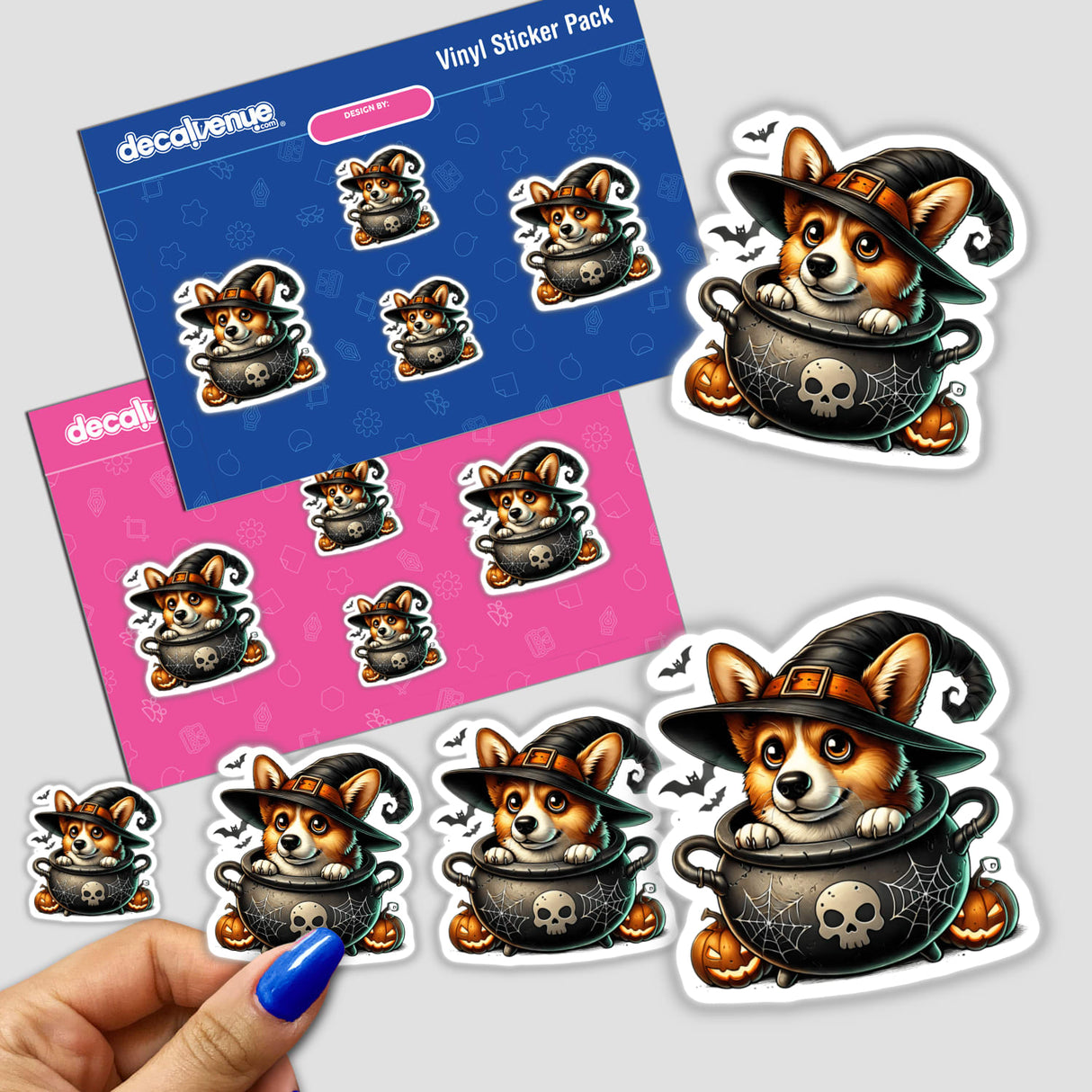 Cute corgi dog Halloween stickers in cauldrons, displayed on a product packaging from Decal Venue, an online store that sells unique stickers and digital art.