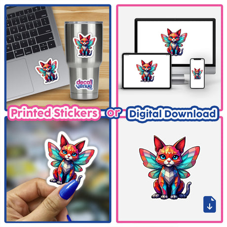 Cute Geometric Fairy Cat sticker displayed on a laptop, showcasing a whimsical design. Available as stickers or digital artwork, perfect for adding charm to devices.