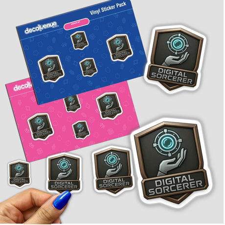 Digital Sorcerer – RPG-Style Skill Badge featuring intricate bronze and silver tech emblem designs, available as vinyl stickers or digital artwork, showcasing detailed craftsmanship synonymous with Decal Venue's unique offerings.