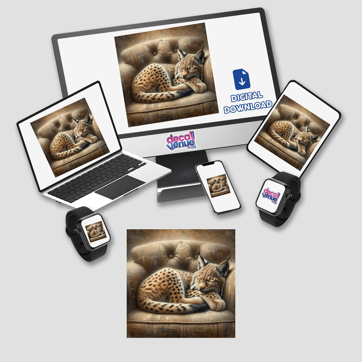 Lynx Cub Curled Up on Cushioned Chair sticker or digital artwork, featuring a lynx cub peacefully sleeping on a plush chair, compatible with laptops, monitors, and smartwatches.