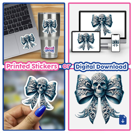 Skeleton Skull Coquette Bow digital artwork collage, featuring stickers and downloads with ornate skull and bow designs, ideal for gothic-themed DIY crafts and decor.