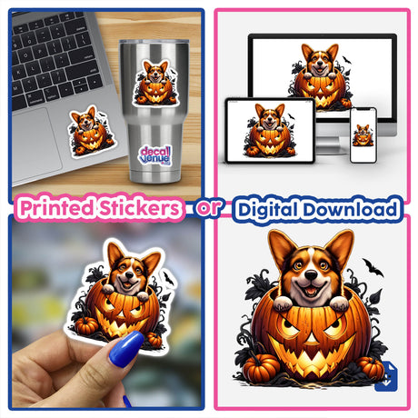 Corgi Dog Peeking Out of Pumpkin Halloween - Printed Sticker or Digital Download