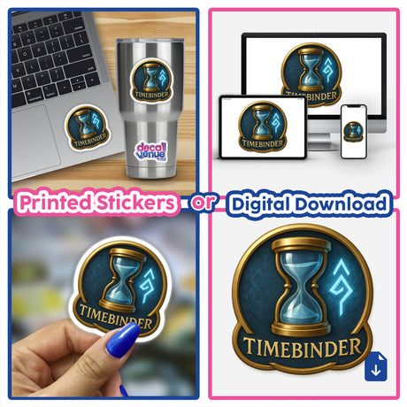 Timebinder – RPG-Style Skill Badge featuring a detailed gold and blue hourglass emblem, available as unique stickers or digital artwork from Decal Venue.