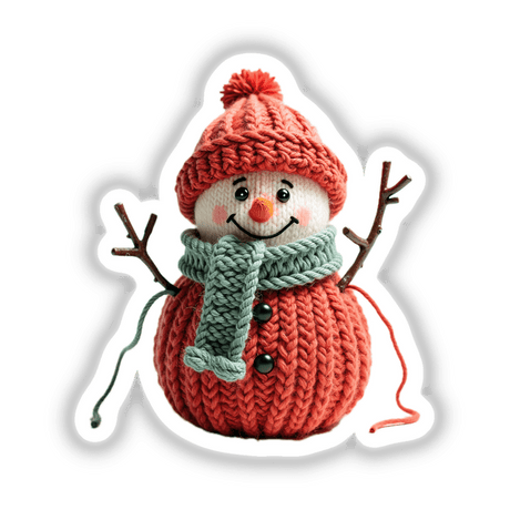 Knitted Yarn Snowman with a scarf and hat, available as stickers or digital artwork. This crochet toy ornament captures a charming, handcrafted aesthetic ideal for unique decoration or gifting.