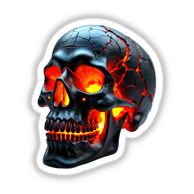 Molten Lava Skull: A striking black skull with red glowing light, available as unique stickers or digital artwork. Perfect for horror art enthusiasts seeking bold, captivating designs.