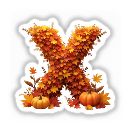 Thanksgiving Letter X Clipart - Fall Leaves and Pumpkins Design, featuring pumpkins, leaves, and corn cobs. Available as Stickers or Commercial Use Download.