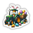 Easter Eggs Bunny Tractor sticker or digital art featuring a cartoon rabbit driving a tractor, pulling a cart full of colorful eggs, perfect for unique decor from Decal Venue.
