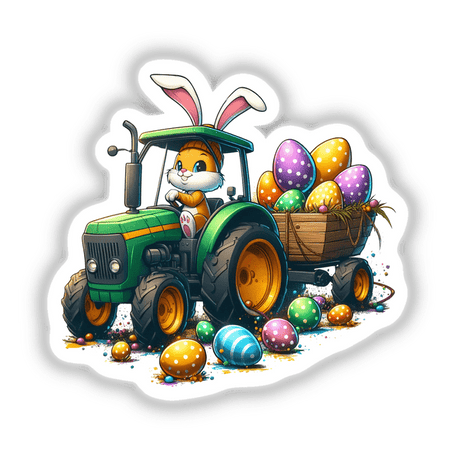 Easter Eggs Bunny Tractor sticker or digital art featuring a cartoon rabbit driving a tractor, pulling a cart full of colorful eggs, perfect for unique decor from Decal Venue.