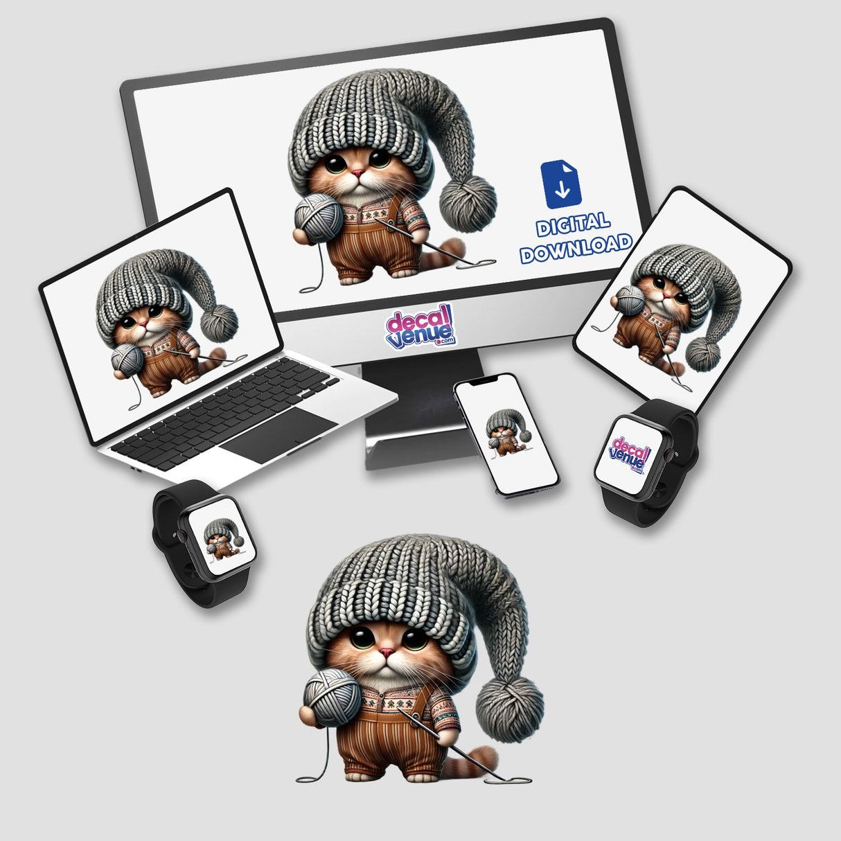 Scottish Fold Cat Gnome holding a ball of yarn displayed on a computer monitor and laptop screen, available as stickers or digital artwork.