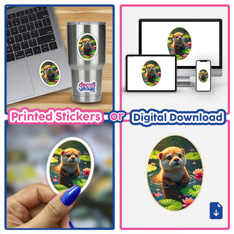 Cute Otter In The Water sticker collage on a laptop, featuring a cartoon of an otter swimming, available as unique stickers or digital artwork from Decal Venue.
