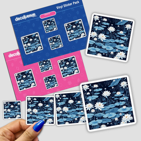 Chinoiserie Lotus Blossom Pond sticker pack held in a hand, featuring designs with lily pads, white flowers with yellow centers, and a pond scene, available as stickers or digital artwork.
