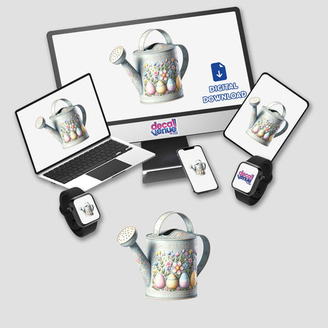 Easter Decorative Watering Can with Floral Design depicted on various devices, including a laptop and phone, showcasing its versatility as stickers or digital artwork.