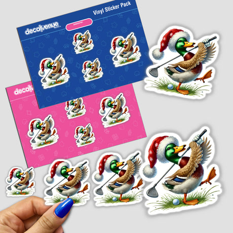 Mallard Duck Santa Swinging Golf Club sticker pack featuring cartoon ducks in Santa hats with golf clubs, capturing Decal Venue's unique blend of festive and playful digital art.