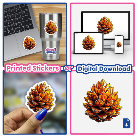 Pine cone Stained Glass Style collage featuring stickers and digital artwork, highlighting intricate pine cone designs in various formats, showcasing the unique offerings from Decal Venue.