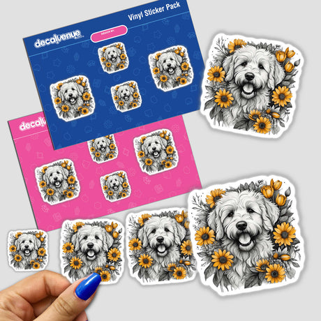 Adorable golden-doodle portrait with vibrant sunflowers, digital artwork sticker set, Decal Venue online store