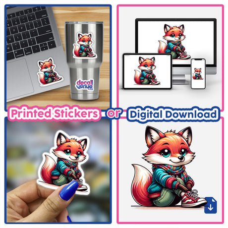 Fashionable Fox sticker on a laptop, featuring a cartoon fox sitting, perfect for decorating tech or as digital artwork.