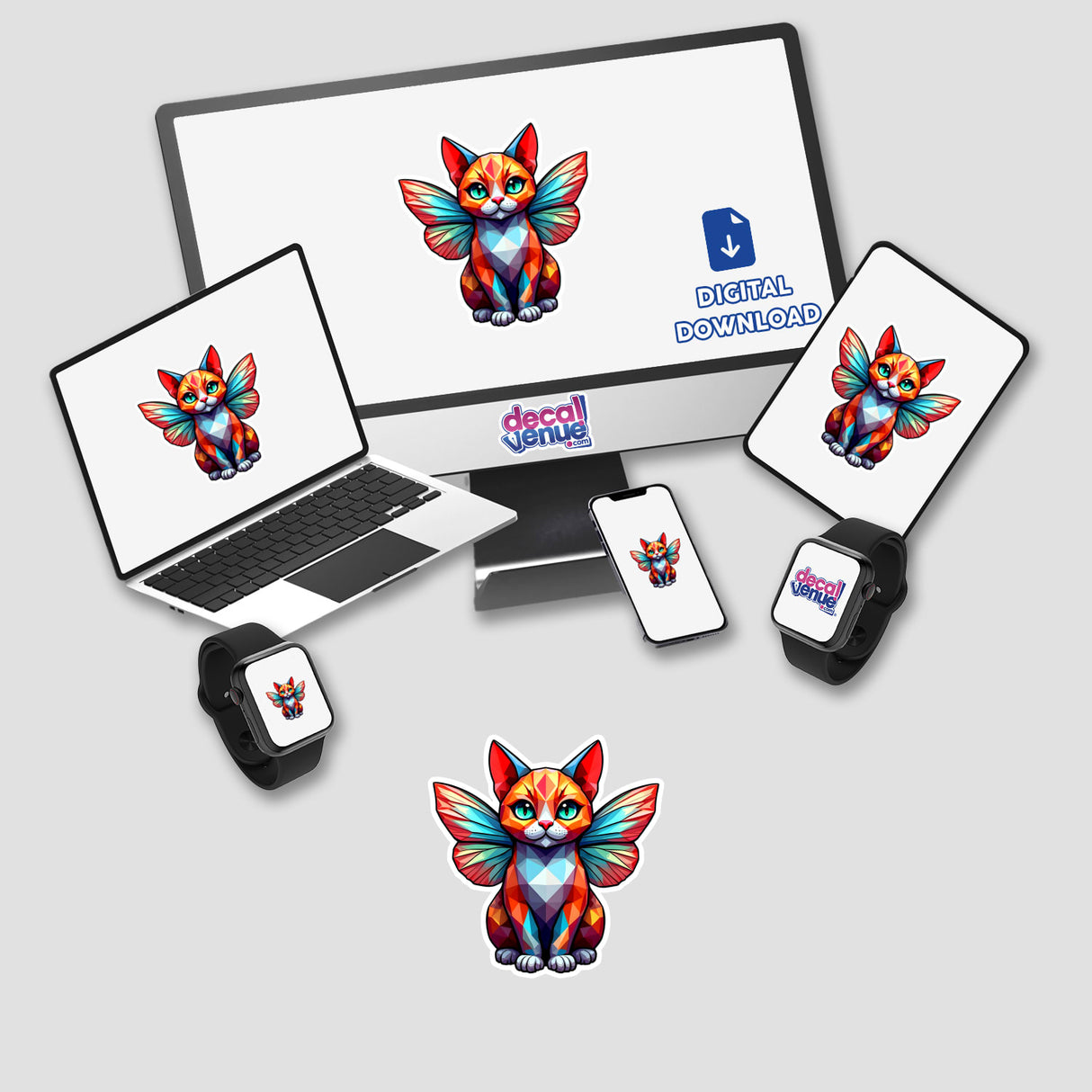Cute Geometric Fairy Cat sticker on laptop screen, featuring a colorful winged cat design, available as stickers or digital artwork. Perfect for personalizing devices with unique, whimsical flair.